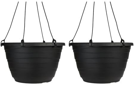 The HC Companies 27,9 cm gewickelter hängender Übertopf - Leichter Outdoor-Kunststoff-Hängetopf für Pflanzen, Kräuter, Blumen, Schwarz (2 Stück)