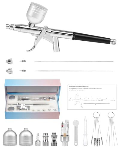 Rhinowisdom Airbrush Kit - Airbrush Gun Set Dual-Action Gravity Feed with 0.2, 0.4 & 0.5mm Needle Sets - Air Brush Set with 2 1/3 oz Replacement Cups for Nails Model Painting Cake Tattoo Makeup
