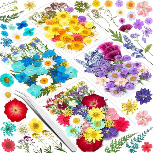 Vautvi 159 Fiori Secchi Per Resina, Candele, Unghie, Decorazioni e Scrapbooking - Con Pinzetta, Veri Pressati, Composizione Fai Da Te