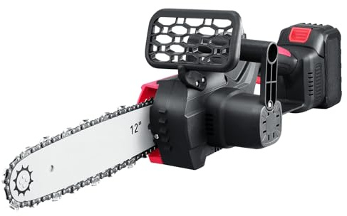 Mini Chainsaw Cordless 12 Inch with Large LI-ion Battery, Powerful Electric Chainsaw with 2 Chains,Handheld Small Chain Saw for Wood Cutting Tree Trimming Gardening,Red