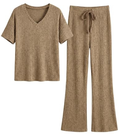 UMIPUBO Schlafanzug Damen Pyjamas Nachtwäsche Set Zweiteiler Sommer Elegant 2-Teilig Loungewear Lang Elastischer Pyjamahose und Shirt Leichter Hausanzug (Khaki, L)