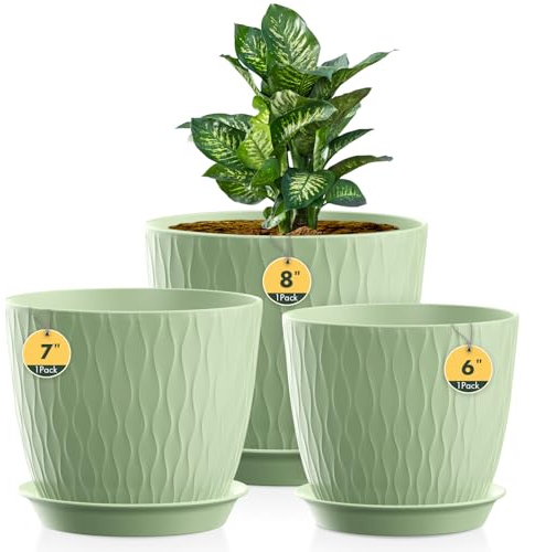 Homeuouz 3 Packs Blumentopf mit Bewässerungssystem, 20.3cm/17.8cm/15.2cm Pflanzentopf mit Bewässerungssystem, Übertopf mit Untersetzer, Blumentöpfe Set Ideal für Innen und Balkongärten, Hellgrün