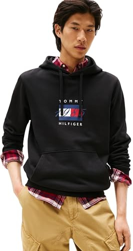Tommy Hilfiger Sudadera Hombre Linear Flag Graphic de algodón, Negro (Black), L
