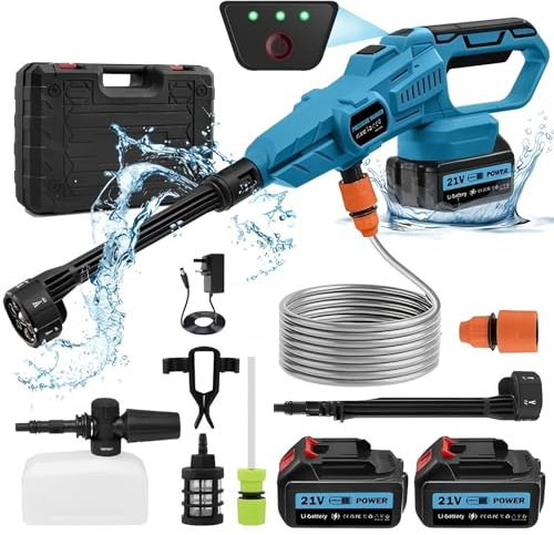 21V Cordless Pressure Washer, 120 Bar Cordless Power Washer, High Pressure Handheld Washer Kit with Nozzle, 16.5ft Hose, 2 Batteries, for Car Floor Gardening Cleaning, 3.4GPM, 3 Speed Adjustment