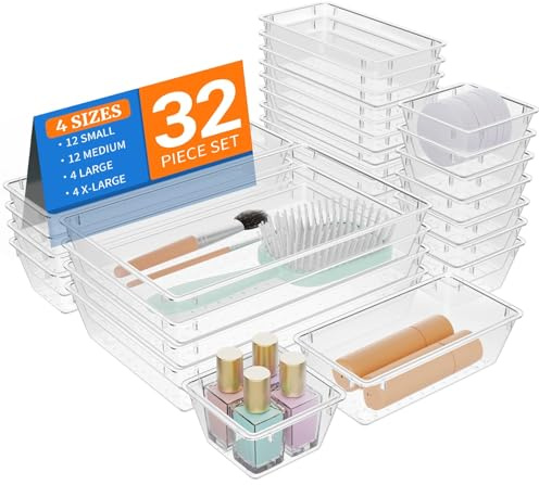 StorMiracle 32 PCS Clear Plastic Drawer Organizer Set, 4-Size vanity organizer Trays and Storage Bins for Makeup, Jewelry and Gadgets in Bedroom, Bathroom and Office, Clear