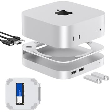 GEWOKLIY 40Gbps Aluminium Mac Mini Dock and Stand, USB 4 Hub for Mac mini M4 and M4 Pro 2024 with 40Gbps M.2 NVMe SSD Enclosure, Triple USB A 2.0, 3.5 mm Audio Jack Accessories