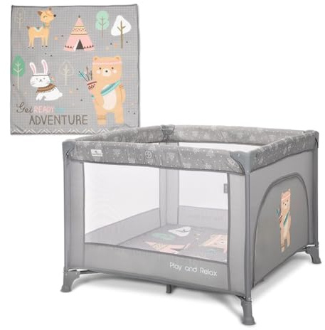 Lorelli Baby Laufstall, Playpen Play and Relax, Weicher Faltboden, Kleiner Laufgitter 100x100 cm, Absperrgitter mit atmungsaktivem Netz und Reißverschlusstür, Faltbarer Krabbelgitter, Grau