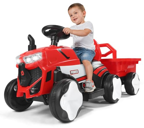 MINENICE Elektrotraktor mit Anhänger, Kinder-Aufsitztraktor mit Fernbedienung, LED-Lichter, Musik, USB-Funktionen, Tragkraft 50 kg, für Kinder ab 1-3 Jahren (Rot-Tractor)