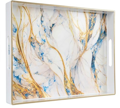 Heaven4you Mosaic Decorative Serving Tray Rectangular Shape with Golden Edge and Handles Elegant Organizer or Food Tray for Kitchen, Coffee Table or Entertaining (White Marble)