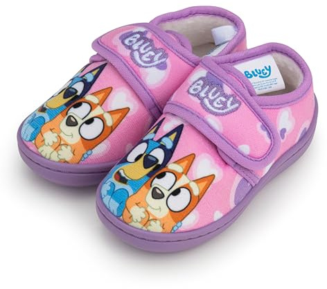 Bluey Girls Slippers – Pink Toddler & Kids Indoor House Shoes with Strap, Faux Fur Lining & Anti-Slip Sole – Kids Character Slippers UK Shoe Sizes 5–12 (9)