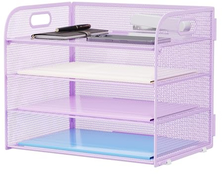 Marbrasse Schreibtisch Ablagen Organizer,4-Stufige Brief Papier Ablage mit Griff,Metall Gitter Design für Schreibtisch,Büro,Hause,Aufbewahrung für A4 Dateien und Dokumenten(Lila)