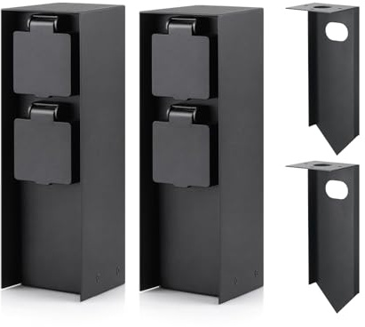 Garten Steckdosensäule mit 2-Fach Gartensteckdosen, mit Erdspieß, max.3680 Watt, IP44, Aluminium Außensteckdose, für den Außenbereich - Schwarze eckige Version, 2 Stück