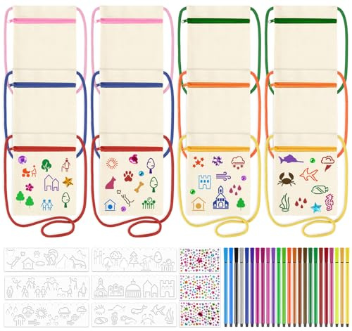 Anstore Handtasche zum Bemalen für Kinder, 12 Stück DIY Stofftaschen zum Bemalen mit 24 Buntstiften, 6 Schablonen Malen, 3 Blatt Glitzersteine, Umhängegeldbeutel Beige für Basteln Kindergeburtstag
