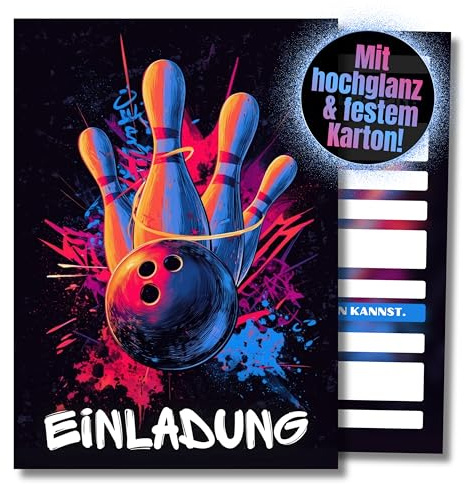 HIDEBLOOM Bowling Einladungskarten Kindergeburtstag Junge - 12 Stück - DIN A6 (10,5 cm x 14,8 cm) - Einladung Bowling Kindergeburtstag - Einladungskarten Bowling Kinder - Graffiti
