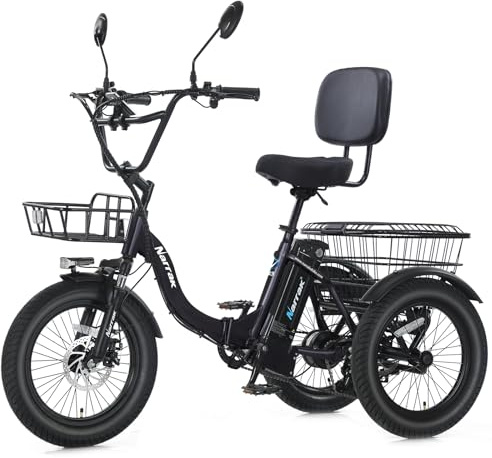 NARRAK Electric Tricycle for Adults,Fat Tire Folding Electric Trike,3 Wheels Electric Bicycle Bikes, Peak 700W/1100W Step-Thru Etrike with Removable Battery and Large Basket (Black, Premium Model)