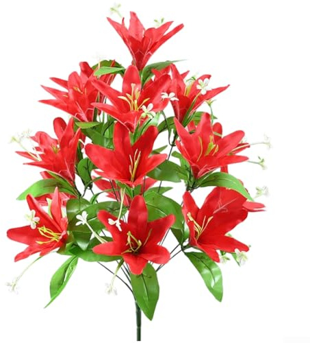 Flores artificiales de lirio, ramo de flores falsas de seda con tallos flexibles para decoración del hogar, boda, fiesta, 50 cm (rojo)