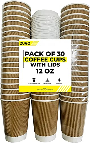 Zuvo Ripple Takeaway Paper Coffee Cups with Lids - [30 Cups, 12 OZ] - Ideal for Tea, Coffee, Hot Water - Disposable 30-Pack - Lids Included - Triple Heat Insulated - for Office Use - Kraft White