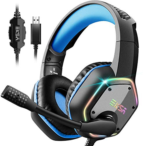 EKSA E1000 USB Gaming Headsets for PS4/PS5 Console Laptop(Blue) | Headsets with Microphone, Noise Cancelling Headphones, 7.1 Surround Sound Wired Headset & RGB Light, Gaming Headset for PC