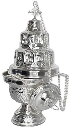 NKlaus Weihrauchfass 'Jerusalem' Messing versilbert Kette 30cm Innenschale Ø 10cm Silber Räuchergefäß Weihrauchfass in Handarbeit 2171