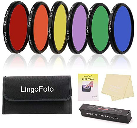 LingoFoto 6pcs Round Full Color Lens Filter Set Red Orange Yellow Green Blue Purple+ 6 Pockets Filter Pouch+3 Lens Cleaning Tool (55mm)