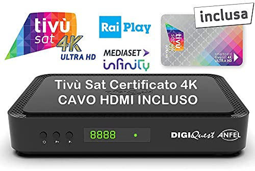 Ricevitore 4K UHD HD Tivù sat Decoder digitale satellitare ad Alta Definizione 4K HD Tivùsat Certificato, Tessera Tivusat HD 4K inclusa, Uscite HDMI, anche per camper e barche, Cavo HDMI in DOTAZIONE