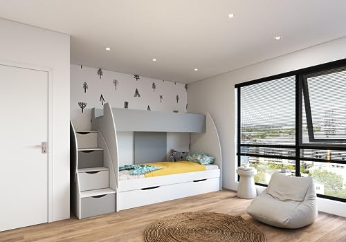 Fabryka Mebli Idźczak Hochbett mit Fantasy Matratzen - Kinderbett Martin - Etagenbett, Stockbett - Boxspringbett - Schubfächer Treppe Kommode, Bücherregal mit Regalen - Modern Design - Weiß/Grau