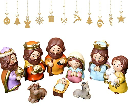 Abonda belén para Pascua, 10 adornos resina para escena pesebre, juegos figuras Jesús con figuras la Virgen María, estatua Belén para interiores y exteriores
