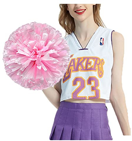 SHTGOI 4 Stück Cheerleading Pompoms Cheerleader Pom Poms Handblumen mit Ring Hell Handgekurbelter Blumenball für Sportwettbewerb Urlaub Feiern Tänze Karnevalspartys Rosa+Weiß