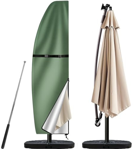 Teynewer Parasol Cover Waterproof, Garden Cantilever Umbrella Cover, Green | 210D Oxford Fabric, Telescopic Rod and Zipper Fit for 1 to 3 m Banana Patio Umbrella, Windproof, Anti-UV, 205x25x57/48cm