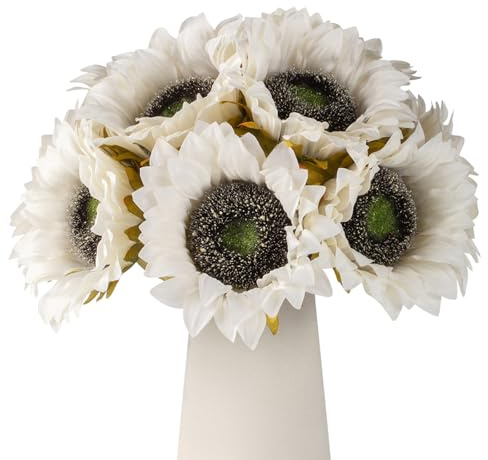 DuHouse 12pcs Girasoles Artificiales con Tallos Largos 12cm Girasoles de Seda a Granel para Decoracion de Bodas(Blanco)