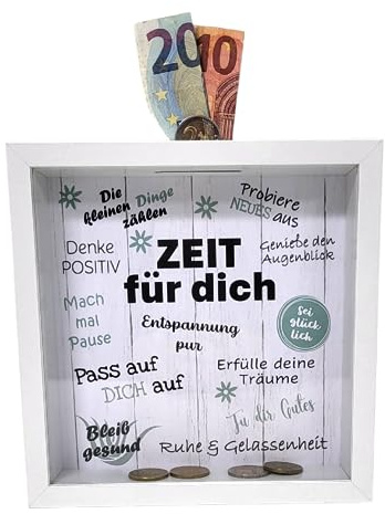 BUSDUGA 4367 Sparkasse Bilderrahmen Zeit für Dich, 20x20x5cm, Spardose Geldgeschenk (Weiß)