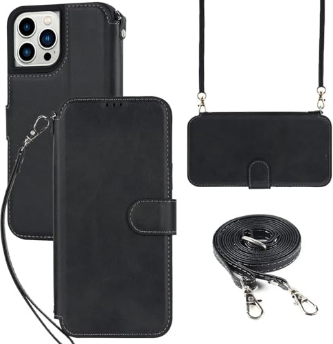 ELTEKER Hülle für iPhone 12 Pro Max Handyhülle mit Band Crossbody Strap, Klapphülle mit dem Verstellbaren Umhängeband - Schwarz