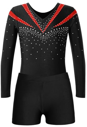 Jugaoge Mädchen Turnanzug Strasssteine Gymnastikanzug Langarm Trikotanzug mit Bein Sport Yoga Fitness Training Shorts Kurze Hose Tanz Kleidung Set Rot 146-152