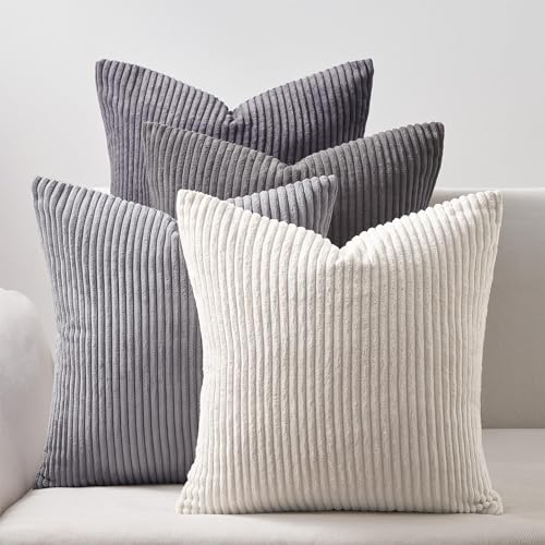 Topfinel Grey Cushion Covers 60 x 60 CM Living Room Cushions with Covers Soft Corduroy Cushion Cover 24X24 inch Fluffy Throw Pillowcases for Bed Square Scatter Cushions Set of 4