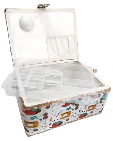 JYC CREATIVE Large Empty Wooden Sewing Box, Fabric Lined Sewing Box with 8 Compartments, Organizer with Pin, Storage Box with Handle, Tray for Accessories, (Large, Sewing Machine)