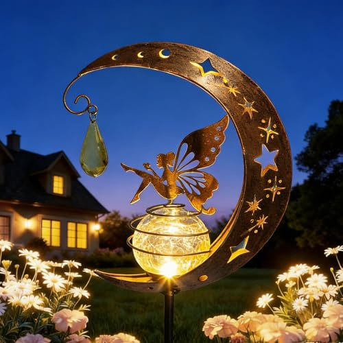 Tremdwoto Solarlampen für Außen mit Mond Solarleuchten Feengarten Elfe, Engel mit Glaskugel Deko, Solarlaterne als Garten Geschenk für Terrasse, Balkon und Pfad