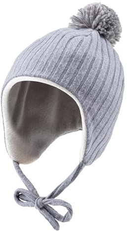 Sterntaler Inkamütze gerippt Unisex Warme Babymütze mit angeschnittenen Ohrenklappen & Bindeband, gefüttert - Strickmütze Baby mit Bommel -graublau,49
