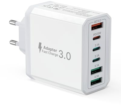 USB C Ladegerät, 6 Ports USB C Stecker Ladegerät Mehrfach mit PD 25W und QC 3.0 Ladeadapter, 40W Netzteil Schnellladegerät Ladestecker für iPhone 15 Pro Max 14 Plus 13 12 11 SE XR XS 8, iPad, Samsung