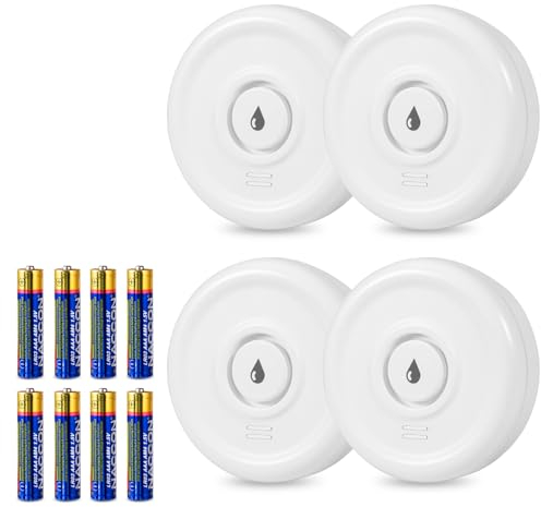 Wassermelder, Wassermelder Wasseralarm 100 dB Lauter Wassersensor, Wassermelder mit Batterie für Bad Küche Toilette Keller Lagerhaus ( 4er Pack) NO WiFi