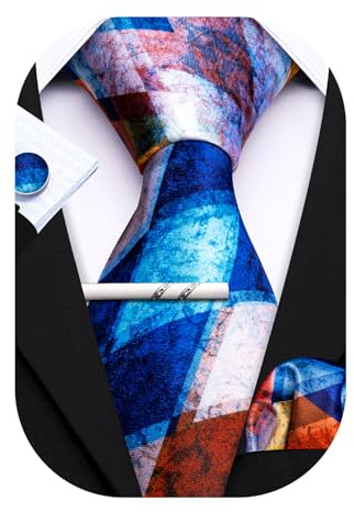 Ensemble Barry.Wang pour homme : cravates, mouchoir de poche, boutons de manchette et pince à cravate Motif floral en soie classique - Lot de 4 pièces pour mariage, soirée et travail, blanc/bleu