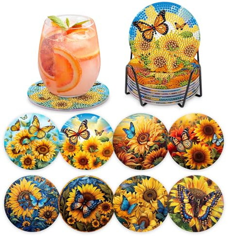 MOGTAA 8 sottobicchieri con supporto per diamond painting con diamante, set di immagini per adulti e bambini, sottobicchieri fai da te con sughero, decorazione per la casa