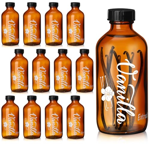 Uiifan Paquete de 12 botellas de vidrio ámbar de 2 onzas, botellas redondas Boston con tapas, botellas de extracto de vainilla marrón, serigrafía de alta temperatura para jarabe, regalo, recipiente de
