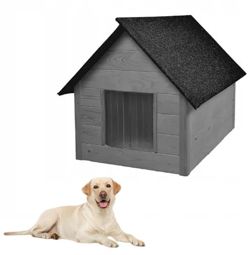 QLS Hundehütte aus Holz 101x69 cm Isoliert Naturholz Winterfest Outdoor (Grau, 101x69 cm)