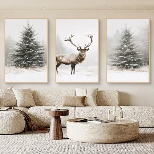 Ueiwffzo 3er Poster Set - Premium Elch Kiefer Leinwandbilder Winter Deko & Wand Bilder - Unverwechselbare Wanddeko für Wohn- und Schlafzimmer, ohne Rahmen (50 x 70 cm)
