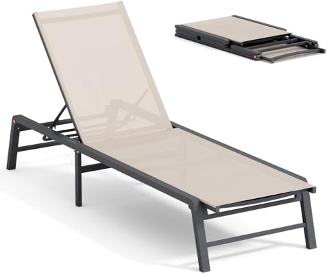 FHVIT Aluminium Chaise Lounge Chair Outdoor, faltbar Patio Lounge Chair Assemble-Free, Pool Lounge Chairs mit 5 verstellbaren Rückenlehnen