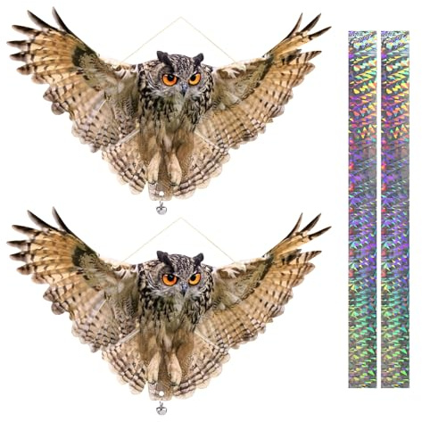 Lifreer 2PCS Reflective Hanging Bird Decoration, Fake Owl Hanging Owl Control Device to Keep Birds Away from Garden Patio Windows