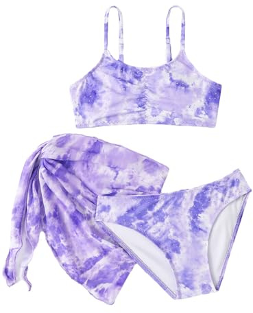 NATUST Mädchen Badeanzug 3-teilig Bikini Set Bikinioberteil mit Triangel Bikinihose und Rock Violett 11-12 Jahre