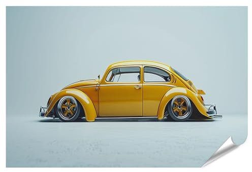 islandburner Prime XXL Bild Poster Gelber Klassischer VW Käfer in Retro Optik für Wohnzimmer Autoliebhaber Oldtimerwerkstatt Premium Bilder Fotodruck