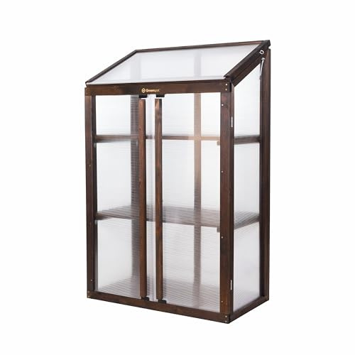 Greenspot - Balkon Gewächshaus - Minigewächshaus - 80 x 42 x 121 cm LxBxH - aus Holz und Kunsstoff, Max. Fachlast 50 kg - für Kräuter, Anzucht, Terrasse - Origin Palisanderbraun Dunkel | Drei belastbare Ebenen Kräuter Gemüse und Blumen klappbares Dach mit hoher Lichtdurchlässigkeit optimales Pflanzenwachstum