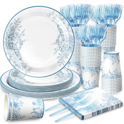 Yungyan 120Pcs Blue Floral Paper Plates and Napkins Sets Floral Party Supplies for 24 Guest Flower Disposable Paper Dinner Plates Napkins Cups Forks for Birthday Baby Shower Wedding Tea Party Decor